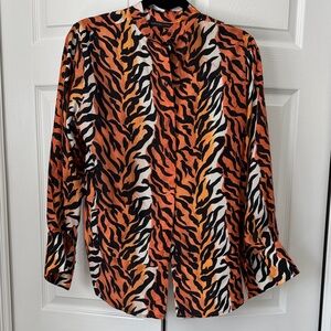 Christina Karin Washable Silk Orange and Black Zebra Print Button Down Shirt